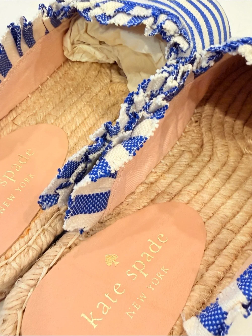 Kate Spade Laila Blue & Ivory Ruffle Espadrilles Mules Size 7.5 Slide Shoes NIB